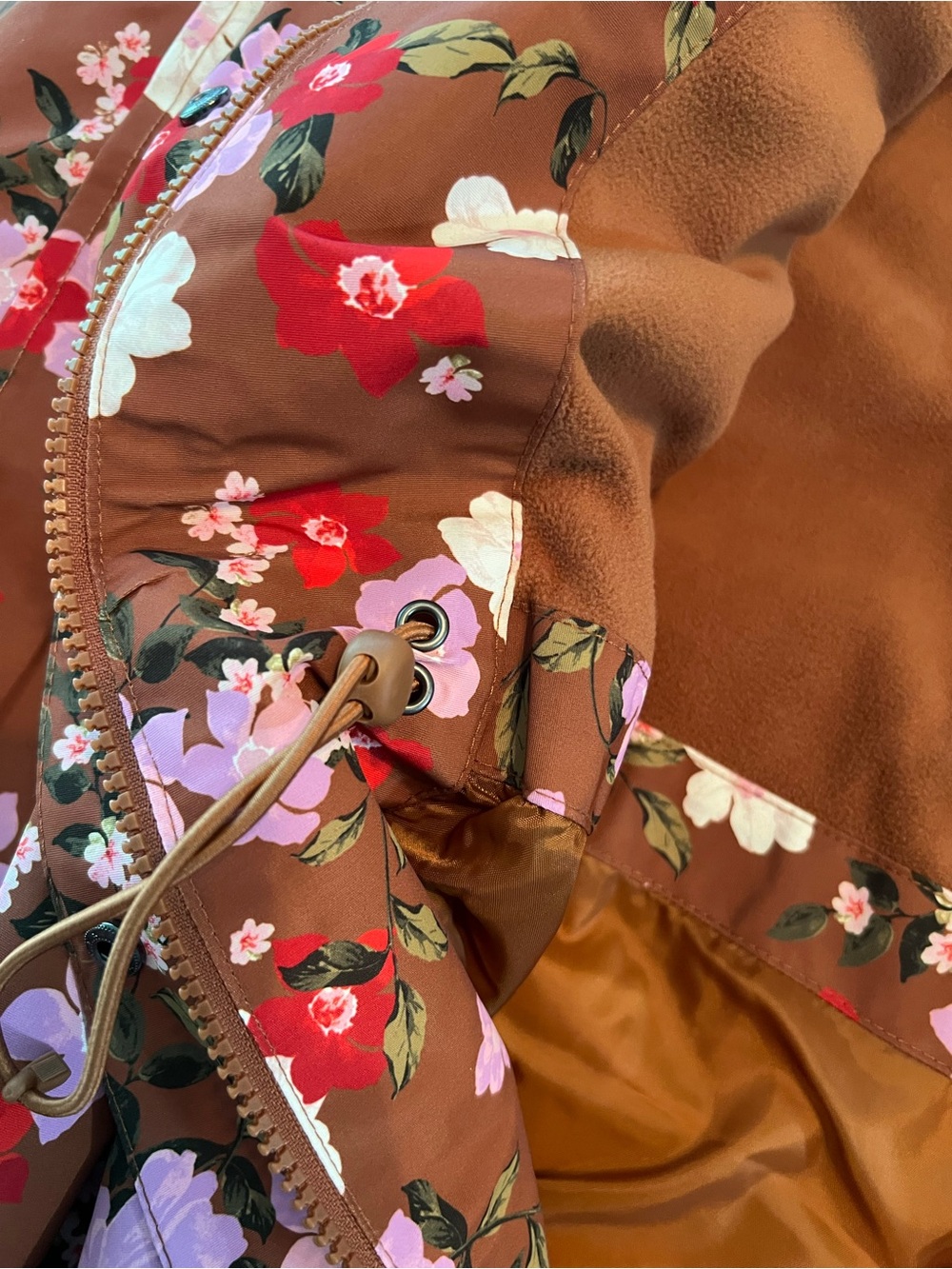 Lands' End Floral Hooded Trench Coat in Brown with Pink & Red Flowers - Picture 7 of 7